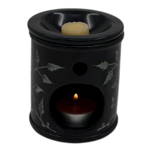 Aromalamp speksteen zwart, gekerfde bladeren, groot