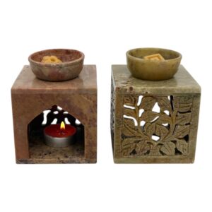 Aromalamp - speksteen - gekerfde bladeren (vierkant)