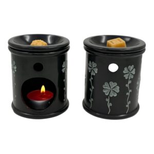 Aromalamp speksteen zwart, gekerfde bloemen