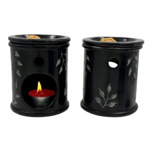 Aromalamp  speksteen zwart, gekerfde klein blaadjes