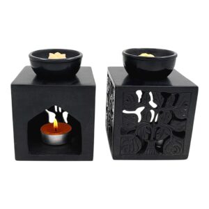 Aromalamp - speksteen - gekerfde bladeren (vierkant, zwart)