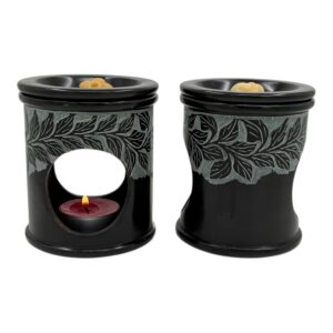 Aromalamp  speksteen zwart, gekerfde blaadjes