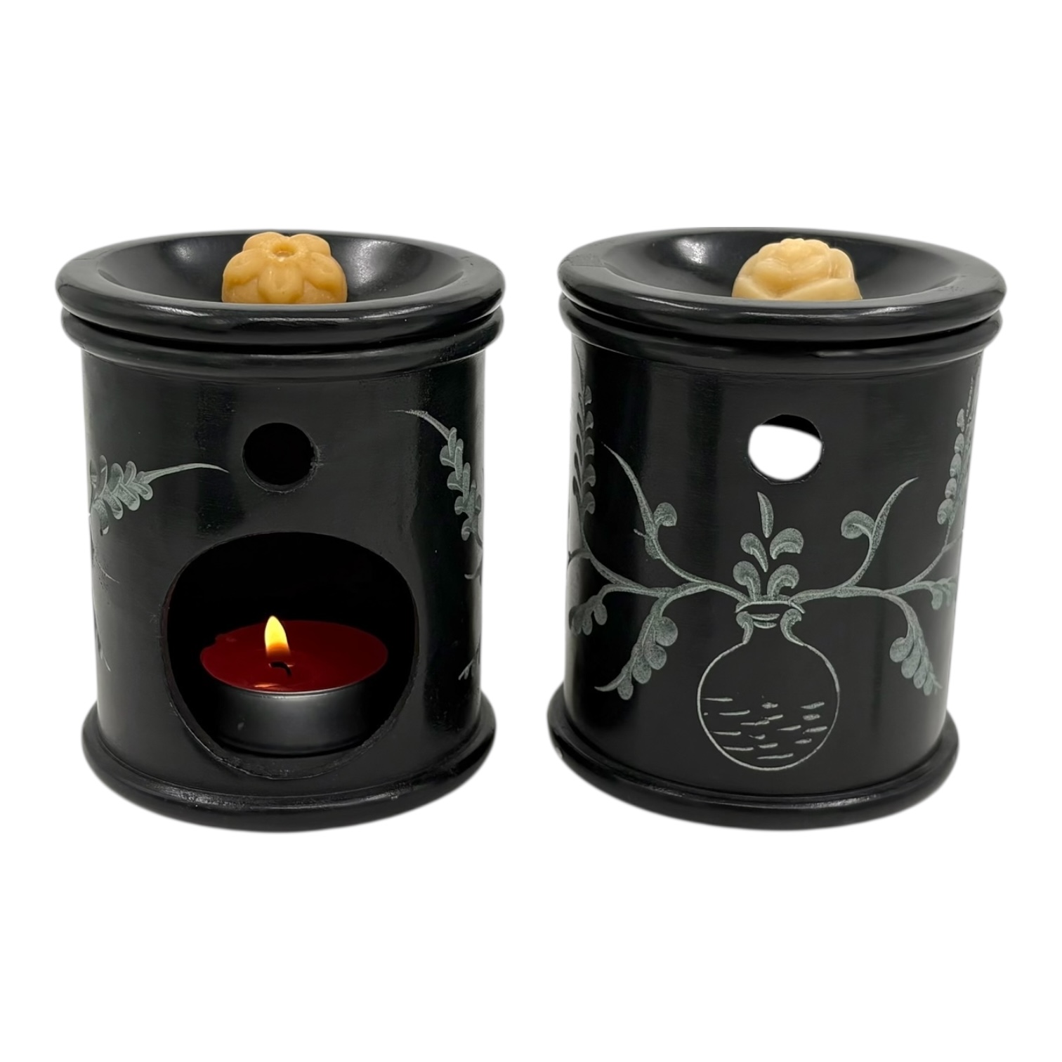 Aromalamp speksteen zwart, gekerfde bloemenvaas