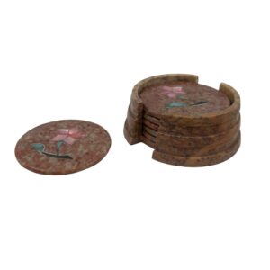 Onderzetter set met 6 stuks, speksteen handgemaakt, inlay rond