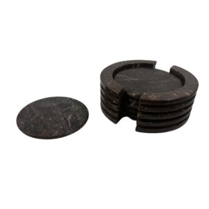 Onderzetter set met 6 stuks, speksteen gekerfd, rond donker