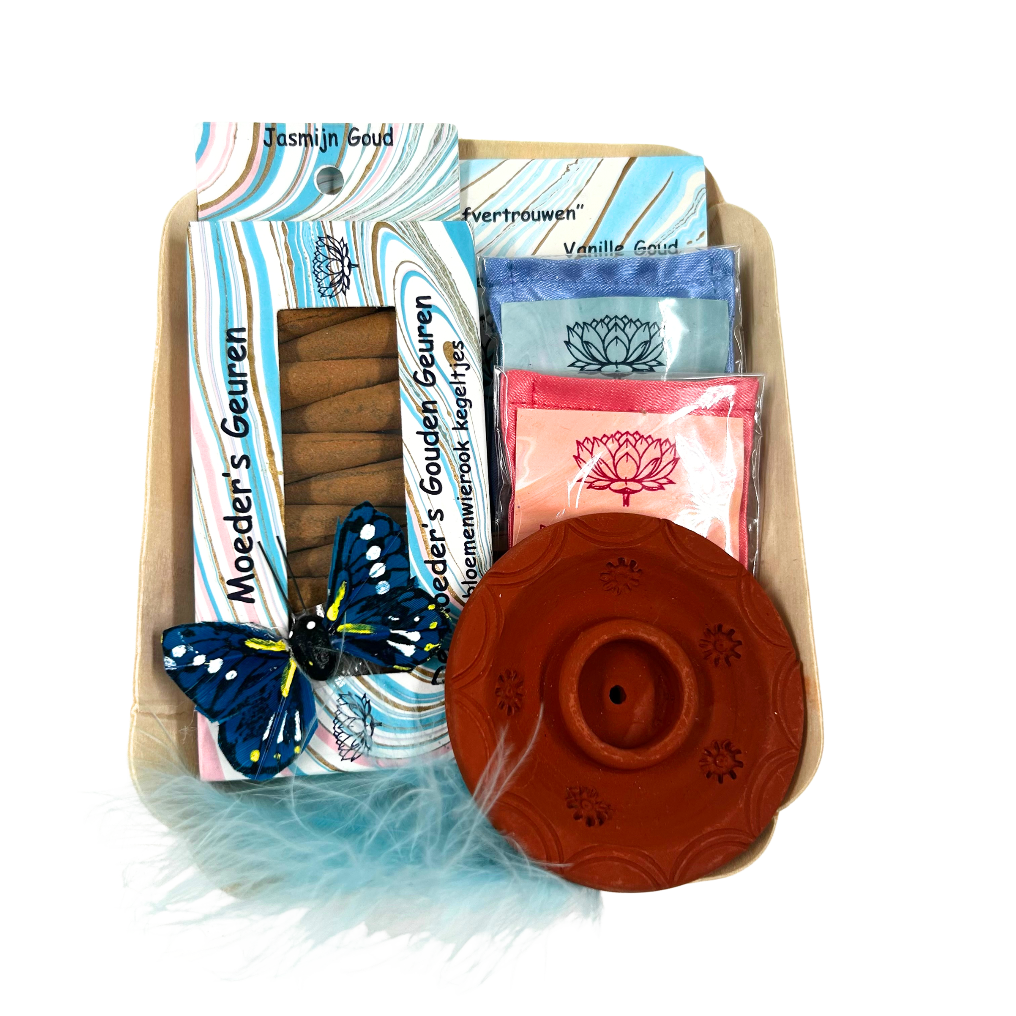 Cadeauverpakking Goud kegeltjes en terracotta houder, blauw